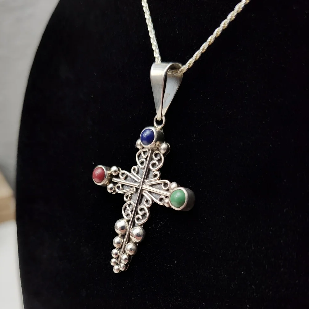 CARSI Taxco Sterling Silver Jasper Pebbled Filigree Motif Cross Pendant Necklace - Picture 10 of 10